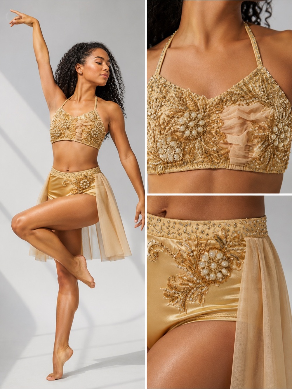 Glamour Dance Costume peach Champagne 2 Piece Pearl Lyrical Contemporary LC Chil